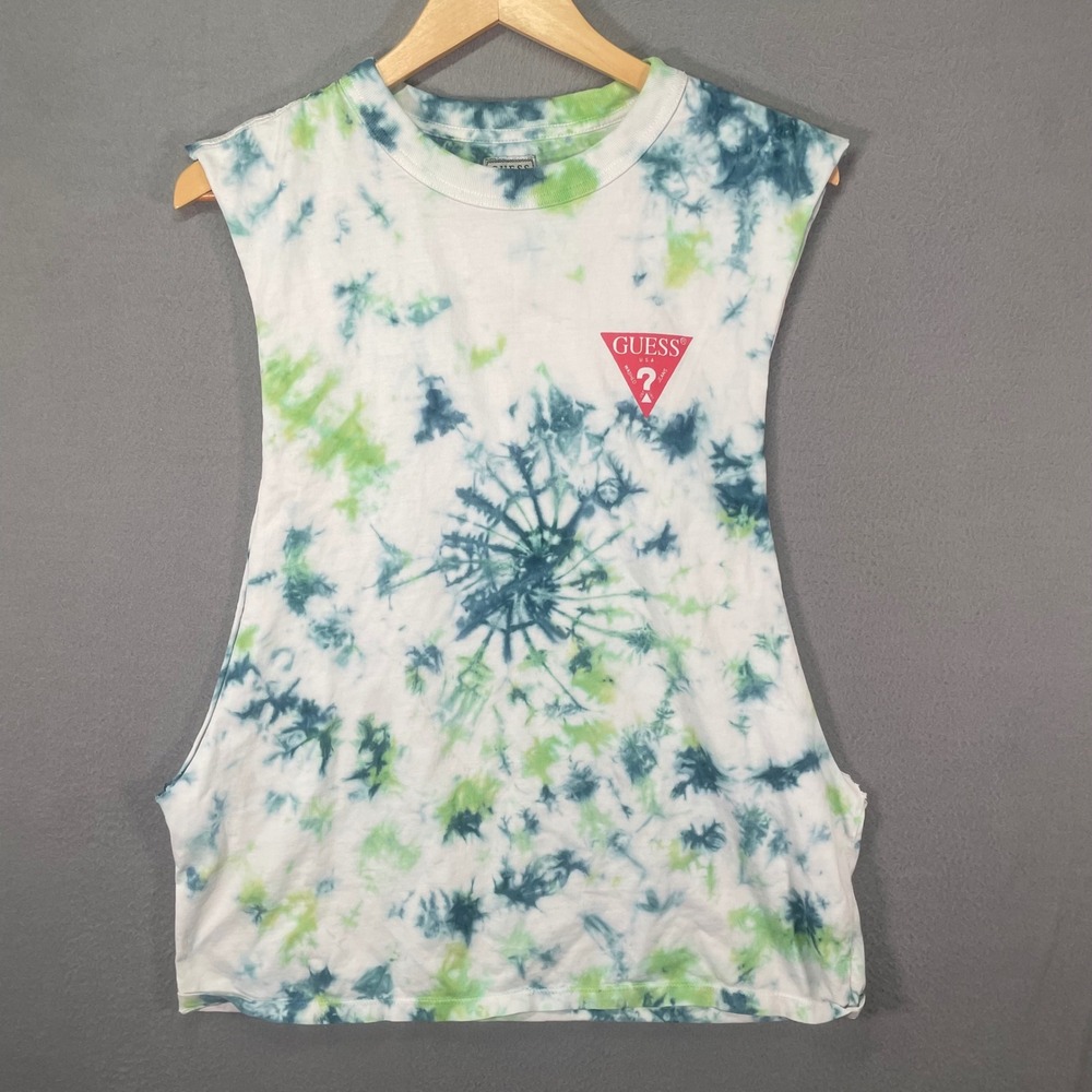 GUESS Mens Tie Dye Muscle Tank Top‎ Green Blue White Logo Graphic Tee M